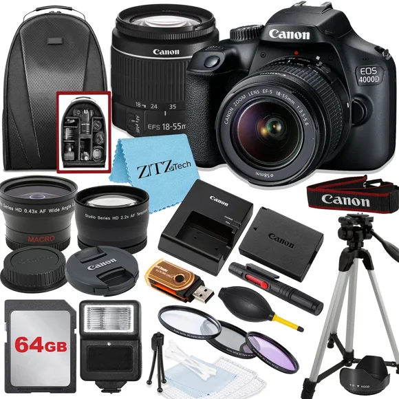 Canon EOS Rebel T100 / 4000D Appareil Photo Reflex Numérique avec Objectif 18-55mm, Mémoire 64 Go, Trépied, Sac à Dos et Ensemble ZeeTech