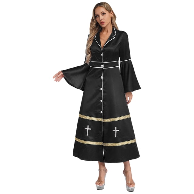 TiaoBug Clergy Robe for Women Long Sleeve Buttons Cassock Pulpit Church Minister Pulpit Robe Liturgical Vestments Black L