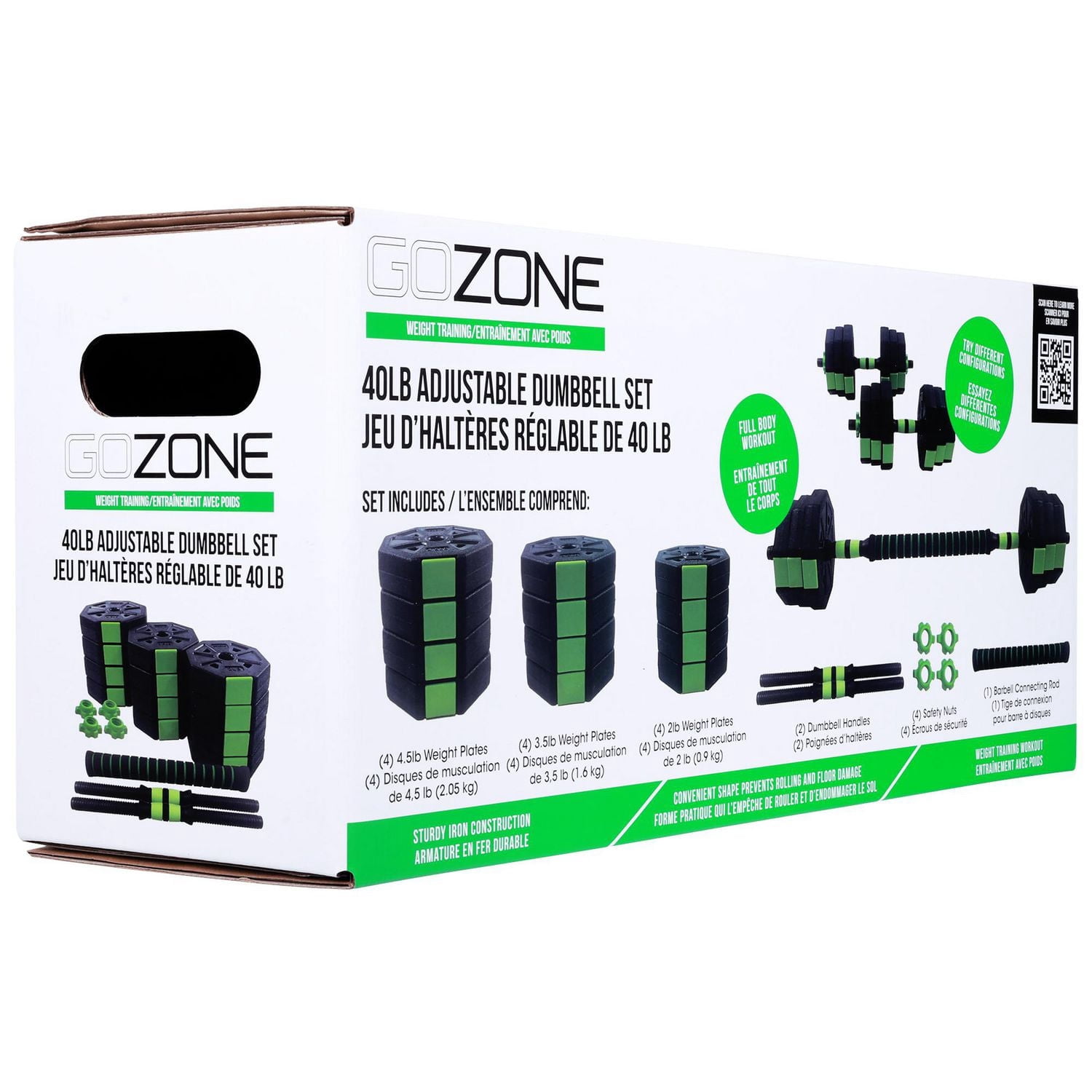 Ensemble d’haltères/poids réglable 40 lb GoZone – Noir/vert