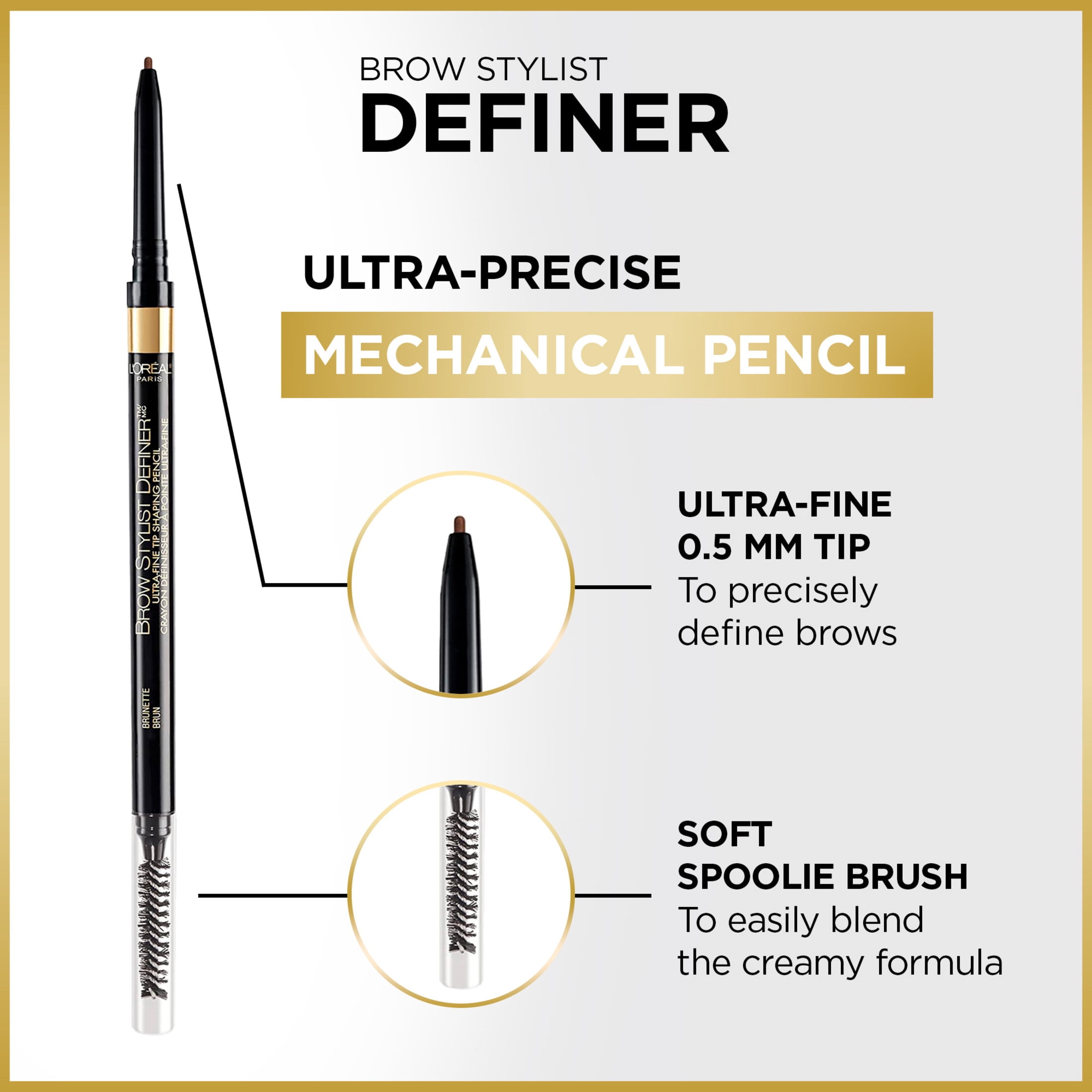 L’Oréal Paris Cosmétiques Crayon à Sourcils Brow Stylist Definer, Pointe ultra-fine de 0,5 mm pour des sourcils bien définis sans espaces, Brunette ,90 mg