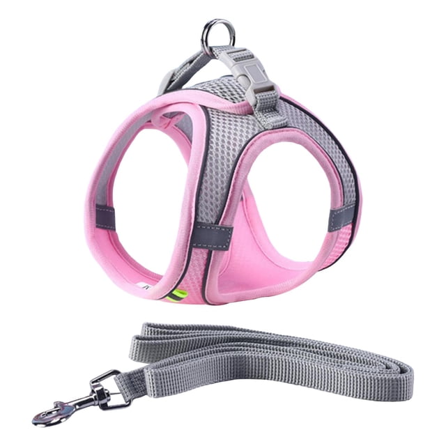 Dog Harness with Leash Set Adjustable Comfortable Puppy Mesh Harness for Small Medium Large Dogs Night Walking, Pink S. No-pull design with two D rings for leash attachment, breathable pink mesh fabric with grey accents, padded straps, and reflective strips for night visibility. Includes a matching grey leash with a secure metal clip.