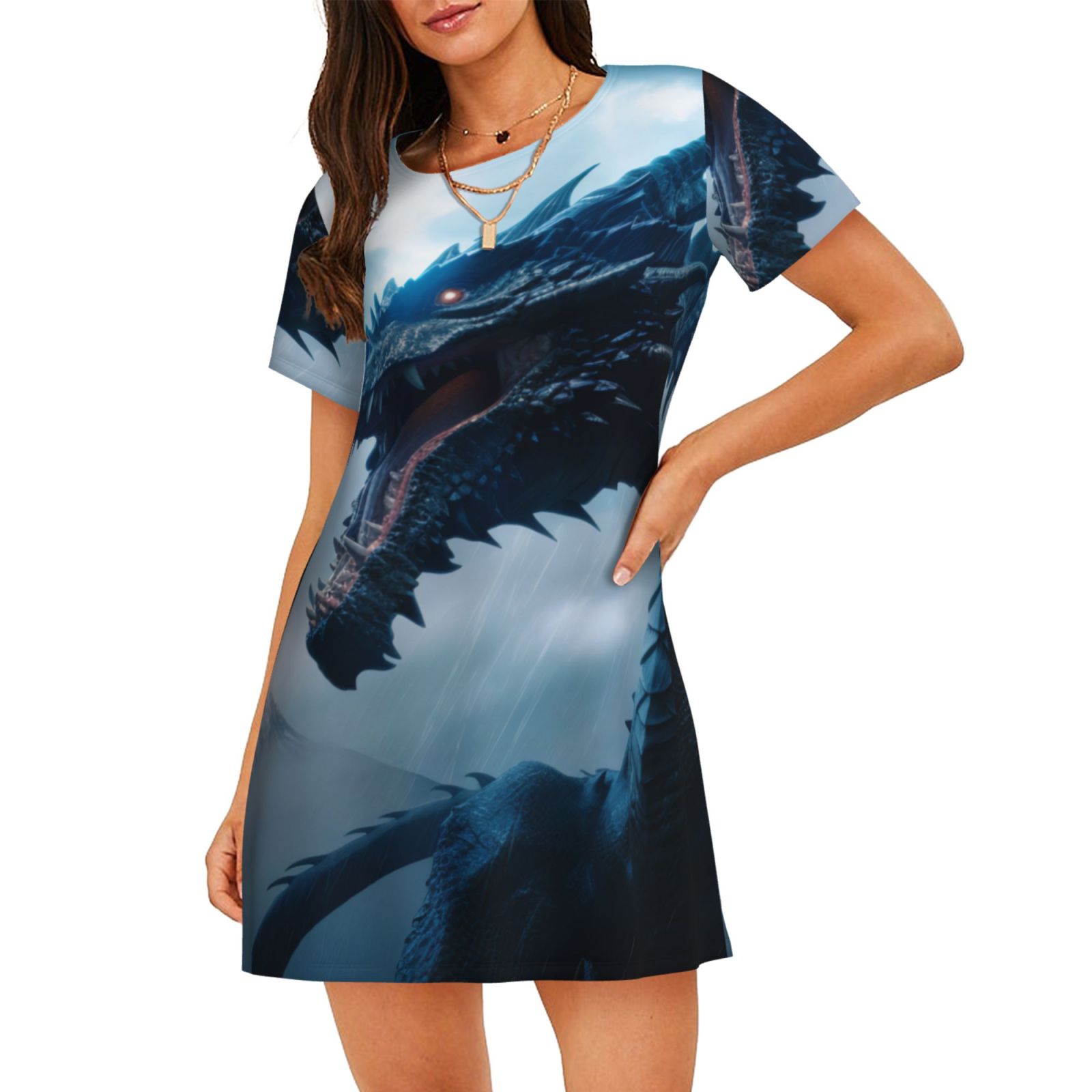 Easygdp Dragon Tempête Bleue pour Chemise de Nuit Femme Manches Courtes Chemise Décontractée Imprimée