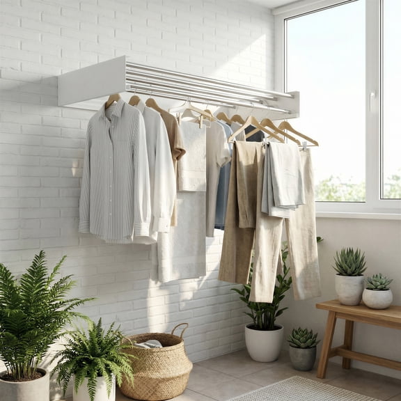 LEDREM Wall-Mounted Foldable Clothes Drying Rack with Storage Shelf & 5 Hanging Rods, Magnetic Design, for Laundry Room Bathroom, Matte White & Silver
