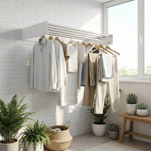 LEDREM Wall-Mounted Foldable Clothes Drying Rack with Storage Shelf & 5 Hanging Rods, Magnetic Design, for Laundry Room Bathroom, Matte White & Silver