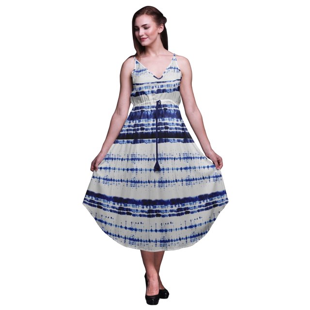 Bimba Robe Teinture sur Nœuds pour Femme à Imprimé Floral, Bretelles Spaghetti, Col en V, Midi, Tenue de Plage - Moyen