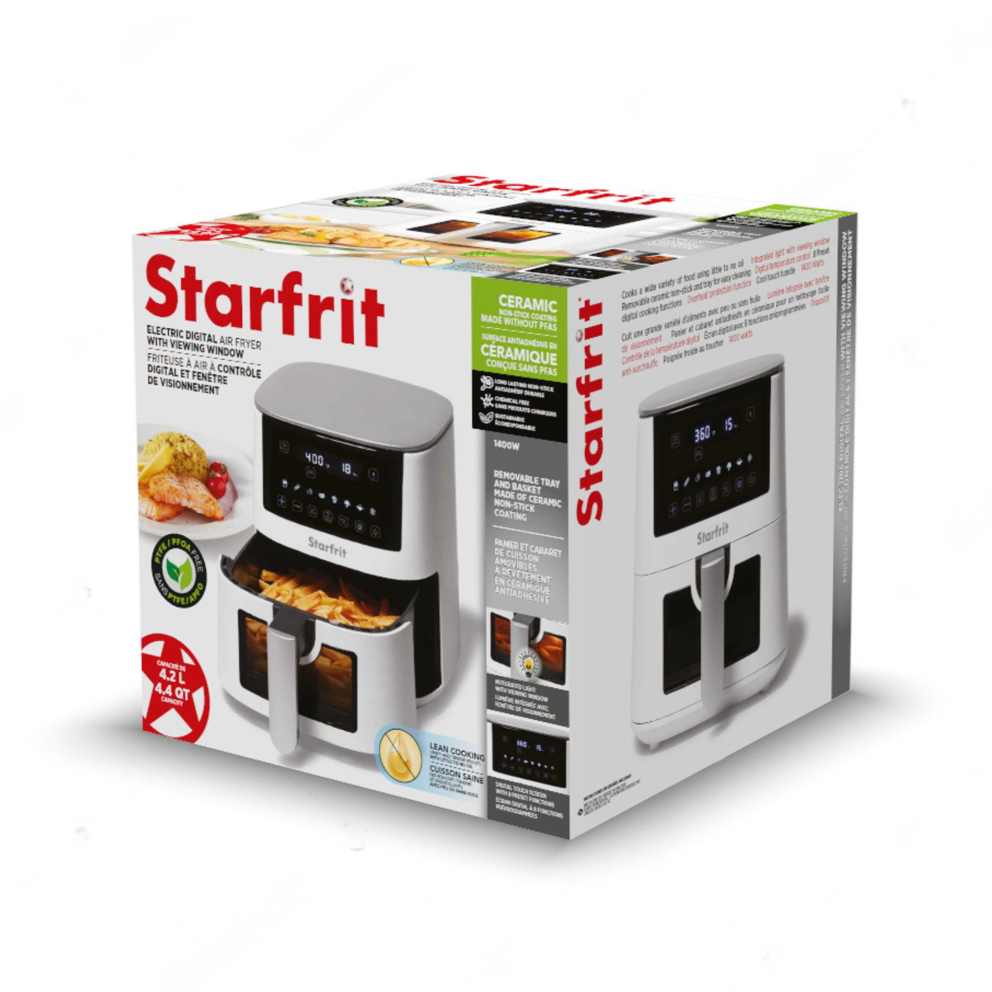 Starfrit Friteuse électrique numérique à air – Capacité de 4,2 L – Surface antiadhésive en céramique – 8 fonctions prédéfinies – Fenêtre de visualisation – 1400 W