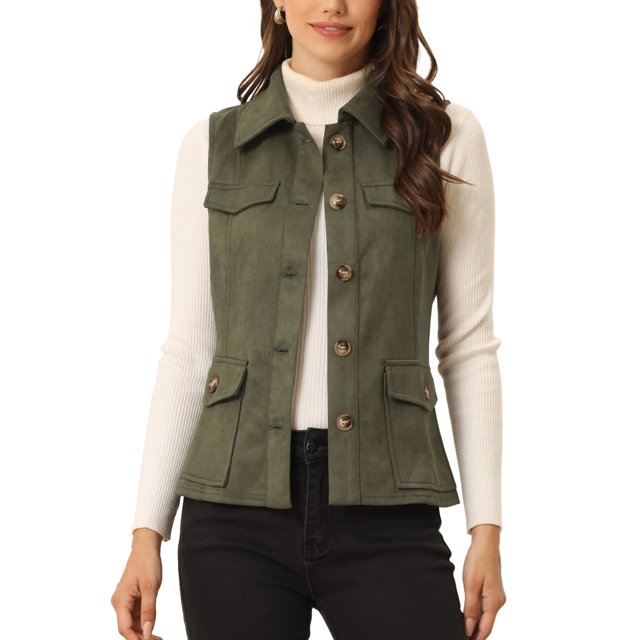 INSPIRE CHIC Veste Cargo Utilitaire pour Femme Sans Manches à Boutons devant en Faux Suède avec Poches G Vert Armée