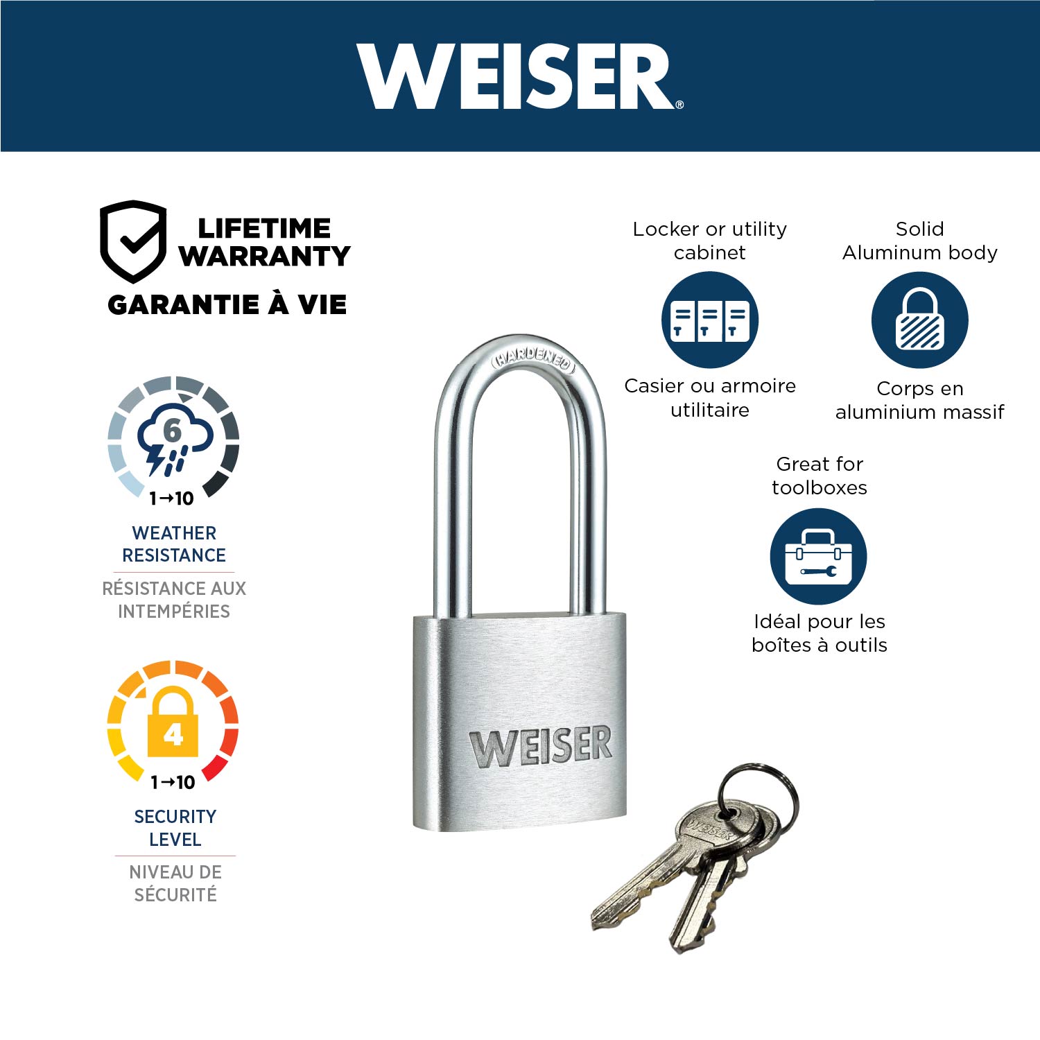 Cadenas Weiser en aluminium avec clé et anse en acier trempé, pour usage intérieur et extérieur, idéal pour le rangement. Corps de 40 mm (1-9/16 po), anse de 22 mm (7/8 po).