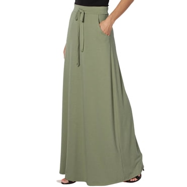 TheMogan Women's S~3X Drawstring Waist Pocket Drapey Jersey A-Line Long Maxi Skirt