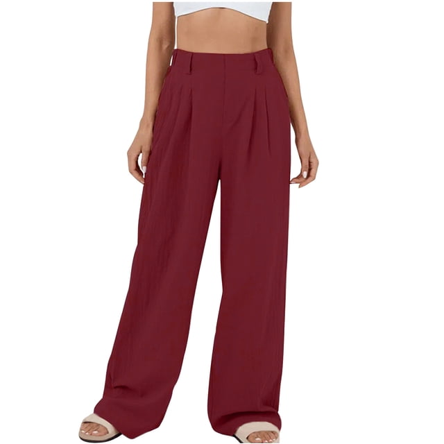 VEKDONE Pantalon Long en Lin pour Femmes Bourgogne P