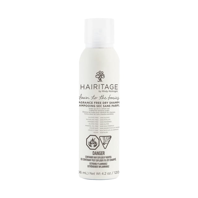 Down To The Basics Fragrance Free Dry Shampoo by Hairitage, a white aerosol spray can with black text, designed for sensitive scalps to absorb oils and refresh hair between washes, sulfate and paraben free, 4.2 oz (120 ml), with flammable warning symbols on the front.