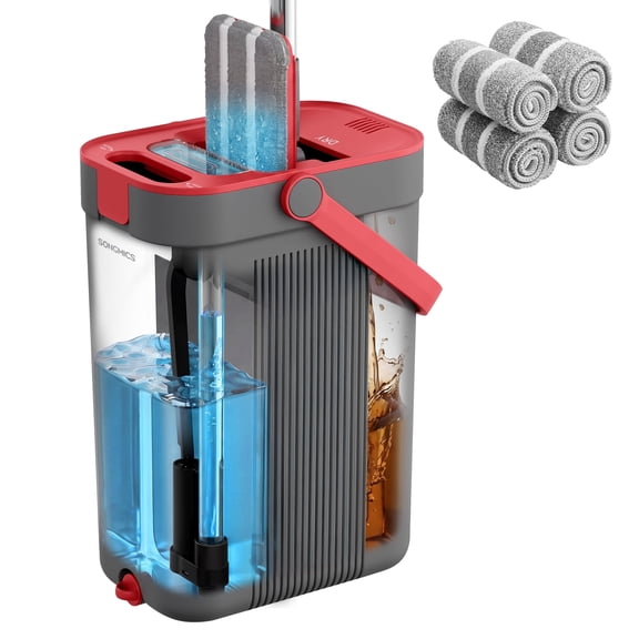 SONGMICS Mop and Bucket Set, Flat Mop with 3-Chamber Clean & Dirty Water Separation System, 360° Rotating Head, 4 Microfiber Pads, Grey and Red