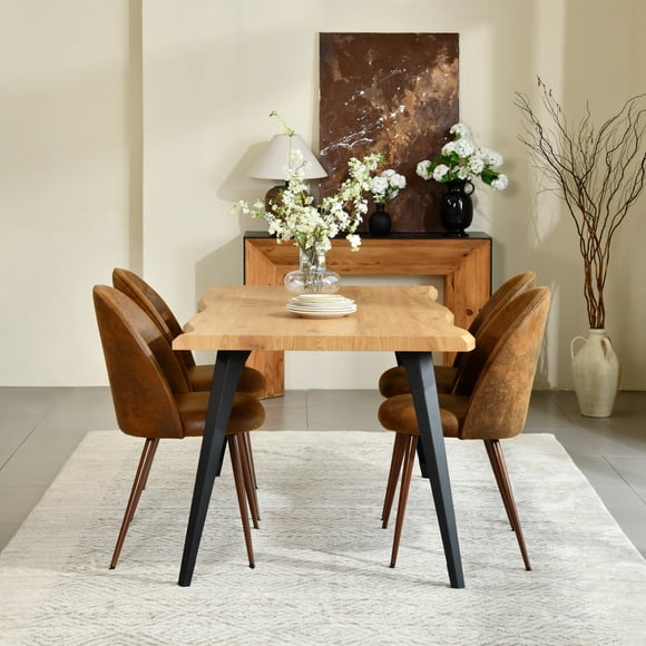 Homy Casa Suede Upholstered Dining Side Chairs with Wood Legs, Set of 2, Vintage Brown