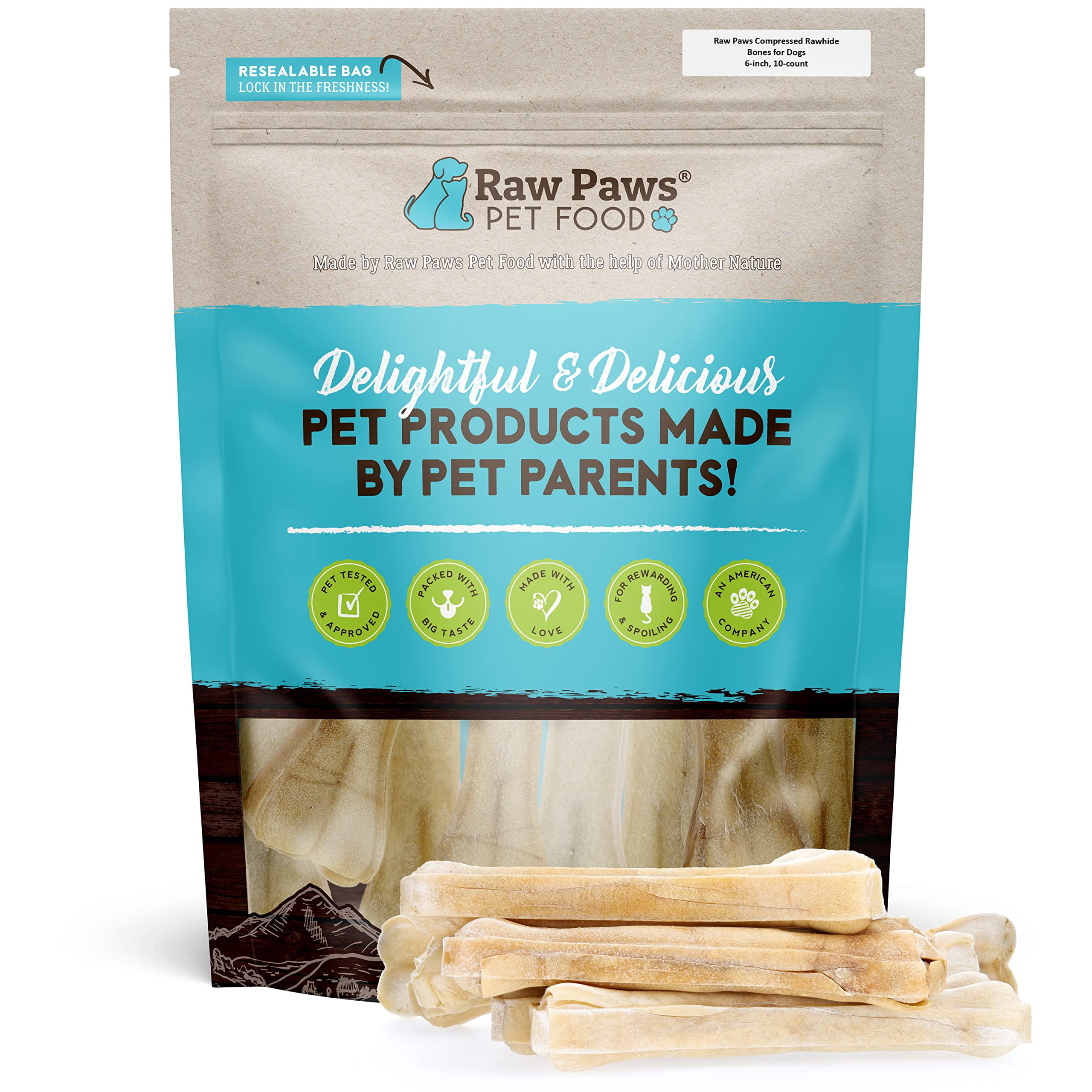 Raw Paws 6-inch Compressed Rawhide Bones for Dogs, 10-Count - Packed in USA - Long Lasting Dog Chews - Natural Pressed Rawhides - Medium Dog Bone - Bones for Aggressive Chewers