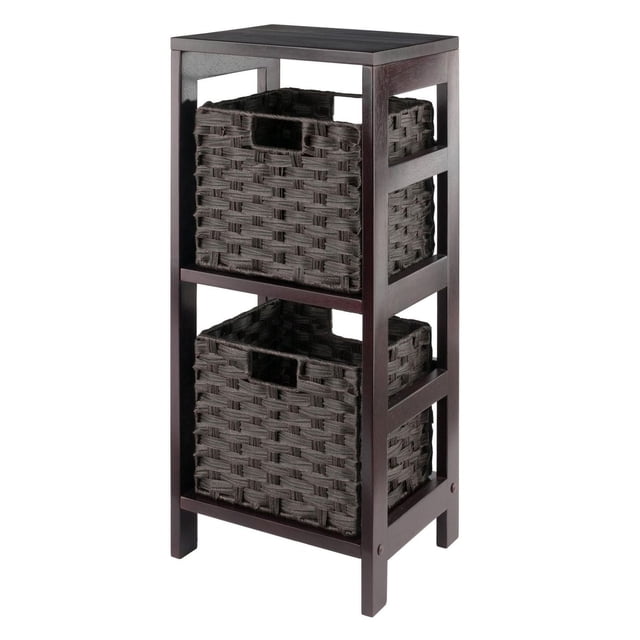 Leo 3pc Storage Shelf with Basket Set featuring a solid wood shelf in espresso finish with two foldable woven polypropylene baskets in chocolate, each with cutout handles, suitable for home décor and organizing accessories or toys.