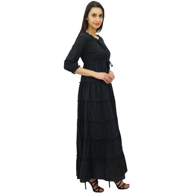 Bimba Robe Maxi d'Été en Coton à Manches 3/4 pour Femme, Taille à Cordon