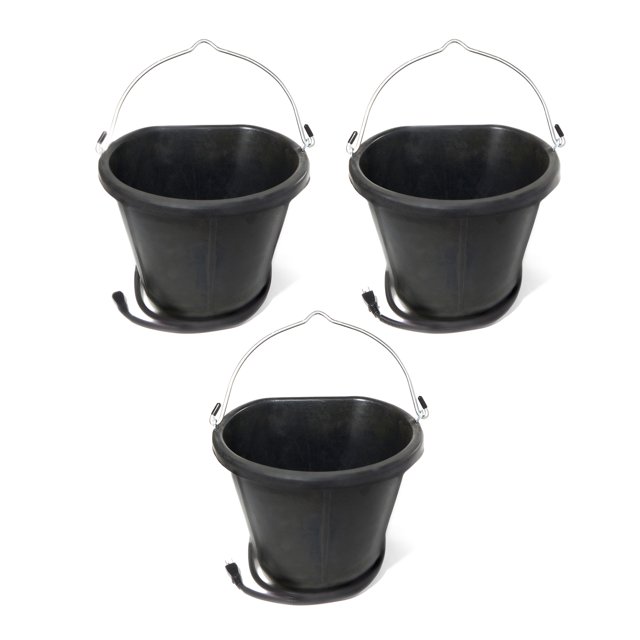 Farm Innovators 18 Quart 90 Watt Rubber Flat Back Heated Bucket (3 Pack) in durable black rubber with flat back design and metal handles. Equipped with a heavy-duty 90-watt cord, anti-chew protection, and a built-in thermostat to prevent freezing in subzero temperatures. Suitable for outdoor animal care and versatile for household cleaning tasks.