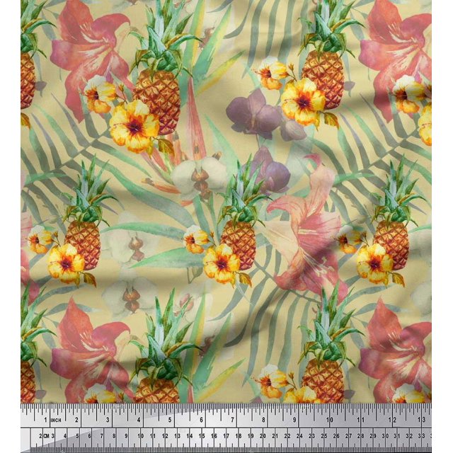 Soimoi Beige Poly Georgette Tissu Lys & Pin Fruits Tissu Imprimé 1 Yard 52 Inch Wide