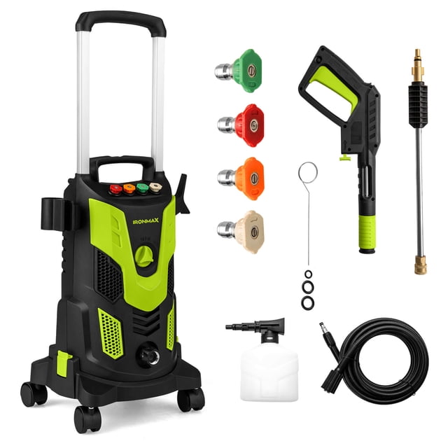 Ironmax Laveuse Électrique à Pression avec 4 Embouts et Bouteille de Savon, Roues Verrouillables pour le Nettoyage, Verte