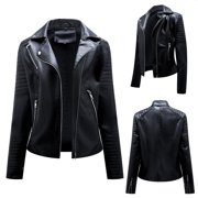 EGNMCR Womens Faux Leather Jacket, Long Sleeve Hoodless Faux Leather Outwear & Jackets, Womens Warm Long Sleeve Jacket Slim Winter Parkas Faux Leather Hoodless Women Coat