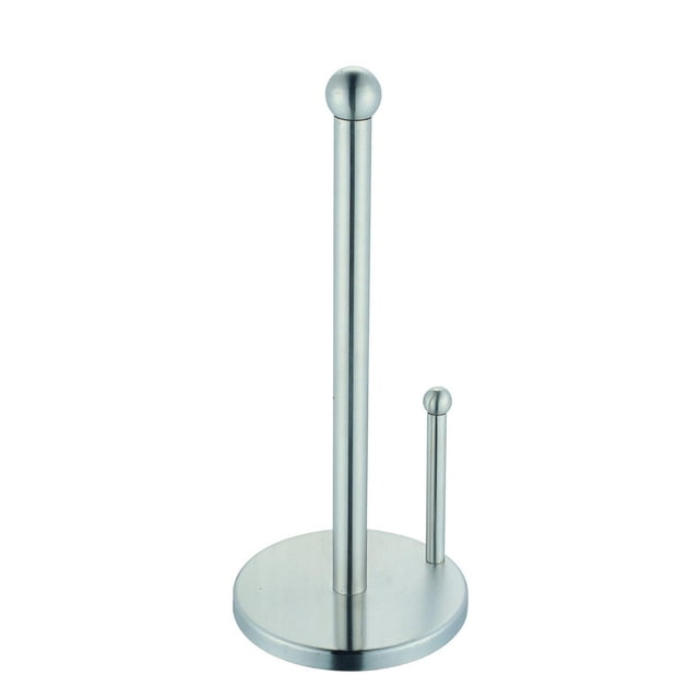 IH Casa Decor Paper Towel Holder with a freestanding circular metal base and two vertical stands, a taller one for multiple paper towel rolls and a smaller one for a single roll, both topped with rounded balls in a metallic finish, suitable for kitchen or washroom counter organization.