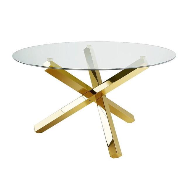 Table à Manger Ronde Base en Acier Doré Poli avec un Dessus en Verre Rond Transparent Soutenu par des Pieds Croisés en X en Acier Inoxydable Doré Poli Épais, Offrant un Style Contemporain Épuré Convenant aux Espaces de Repas Formels et Décontractés et Souvent Utilisé comme Table d'Espace de Travail Stylée.