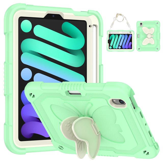 Case for iPad Mini 7 A17 Pro 2024/Mini 6 2021 8.3 Inch 7th/6th Gen with Butterfly Stand, Shockproof Protective Tablet Cover with Pencil Holder Shoulder Strap for Kids Girls, Beige Green