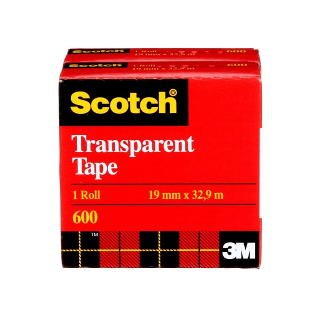 Scotch® Transparent Tape Repack Display 600-18BXD-2PK showing two red boxes with the Scotch logo, each containing one roll of 19 mm by 32.9 m clear adhesive tape ideal for office, school, and home use, suitable for sealing envelopes and repairing tears.