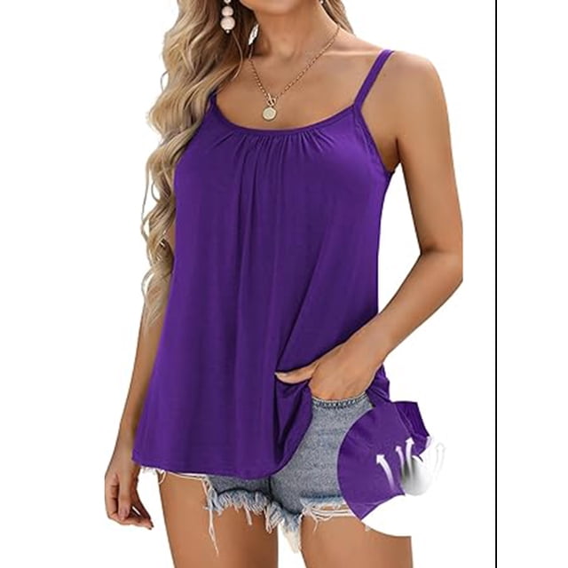 Charmo Womens Flowy Pleated Camisole Built in Bra Adjustable Straps Loose Tank Tops S-3XL