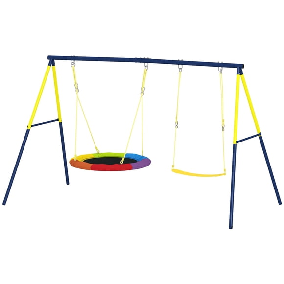 Qaba Outdoor Swing Set with Saucer and Belt Swings, Heavy-Duty Steel A-Frame Playset for Backyard, Multicolour, 104.3"L x 63"W x 70.1"H, 150kg Capacity, Ages 3-8 Years