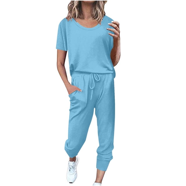 Yuyuzo Womens Workout Sets 2 Piece Short Sleeve Crew Neck T-Shirts Drawstring Jogger Pants with Pockets