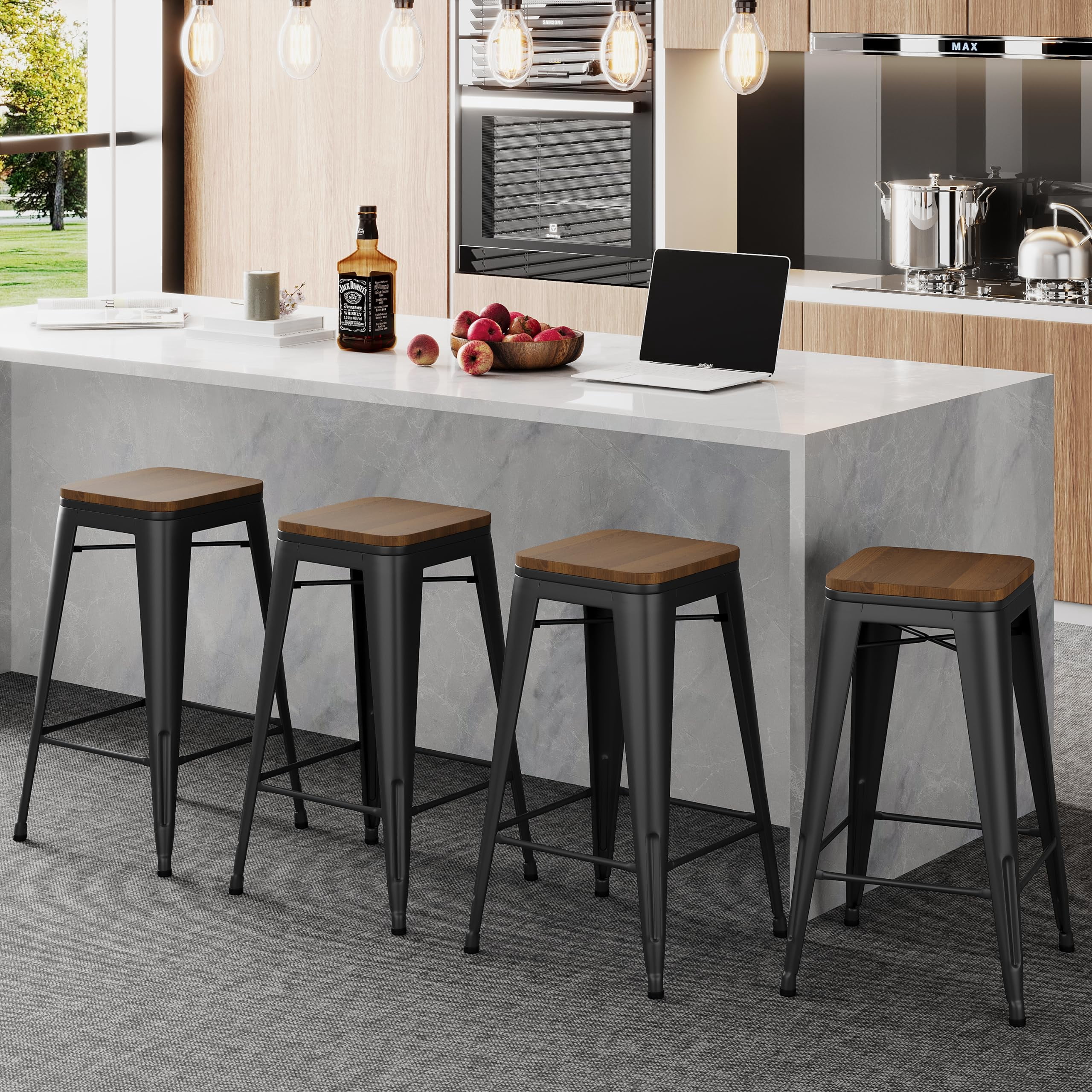 Alunaune 30" Metal Bar Stools Set of 4 Stackable Counter Height Barstools Backless Industrial Kitchen Bar Chairs with Wooden Seat-Matte Black