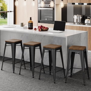 Alunaune 30" Metal Bar Stools Set of 4 Stackable Counter Height Barstools Backless Industrial Kitchen Bar Chairs with Wooden Seat-Matte Black