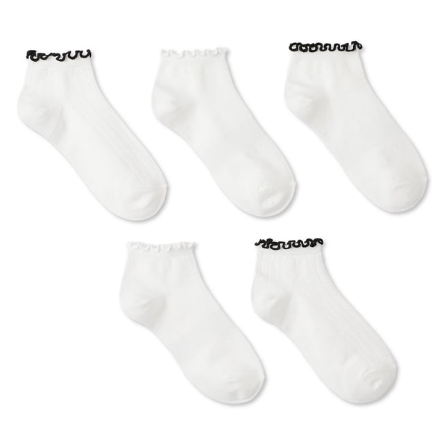George Women's Anklet Socks 5-Pack includes five pairs of white ankle-length socks with ribbed cuffs and lettuce edges in black and white, made from a soft cotton-blend fabric, ideal for casual wear with sneakers or low-cut shoes and suitable for light indoor activities.
