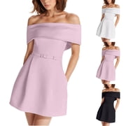 Gspmoly Womens Dress, Women'S Temperament Belt One Shoulder Dress Vacation Dresses for Women Holiday Gifts