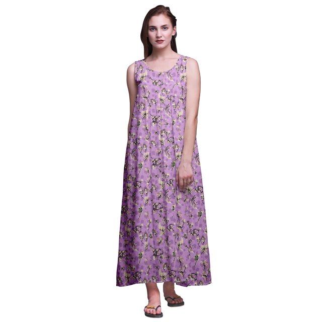 Bimba Robe de Nuit Maxi en Rayonne pour Femmes, Imprimée, Sans Manches, Robe de Nuit Maxi - TG