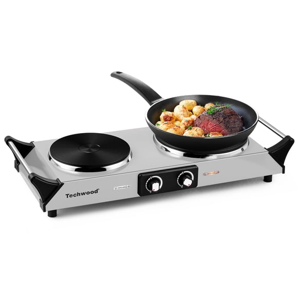 Techwood 1800W Double Burner Electric Hot Plate | Portable Induction Cooktop with Adjustable Temperature, Stay-Cool Handles & 7.5” Heating Surface