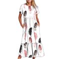 thumbnail image 2 of Fshaion Robe d'Été pour Femmes 2024 Grande Taille Décontractée à Manches Courtes Col Ras du Cou Robe Décontractée Fluide à Volants Maxi Robe de Plage avec Poches Robe à Imprimé Plume Liquidation à Moins de 10!, 2 of 6