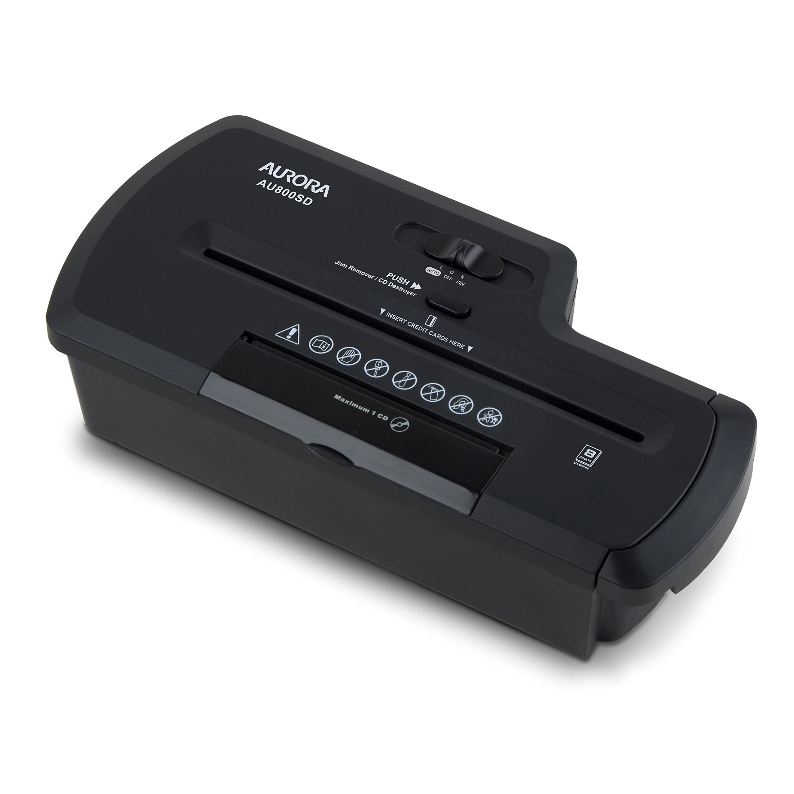 Déchiqueteuse professionnelle Aurora AU800SD à coupe droite pour papier/CD/carte de crédit sans panier, 8 feuilles, coupe droite sans panier, noire