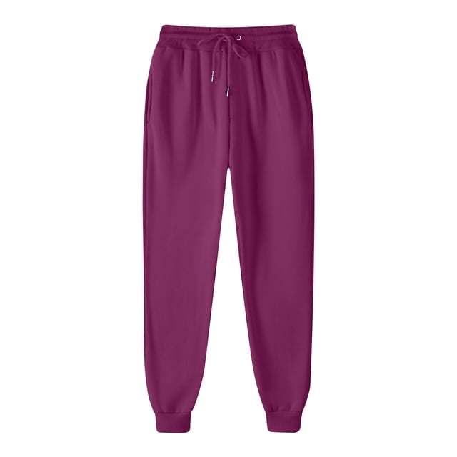 Timegard Womens Sweatpants Elastic High Waist Cinch Bottom Pants Drawstring Sports Athletic Solid Color Trousers. These women's sweatpants feature an elastic high-waisted design with a stretchy waistband, cinched bottoms, and a drawstring closure. Made from a lightweight blend of polyester and spandex, they offer a loose fit and solid color, ensuring comfort and flexibility for everyday wear or athletic activities. The pants are shown in a vibrant magenta shade, displayed against a plain white background.