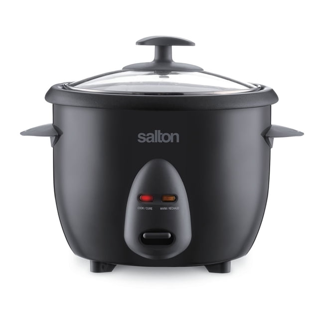 Salton Automatic Rice Cooker & Steamer 10 Cup RC2096 in black with glass lid, side handles, cook and warm indicator lights, and front toggle switch, designed to cook and steam rice and vegetables simultaneously.