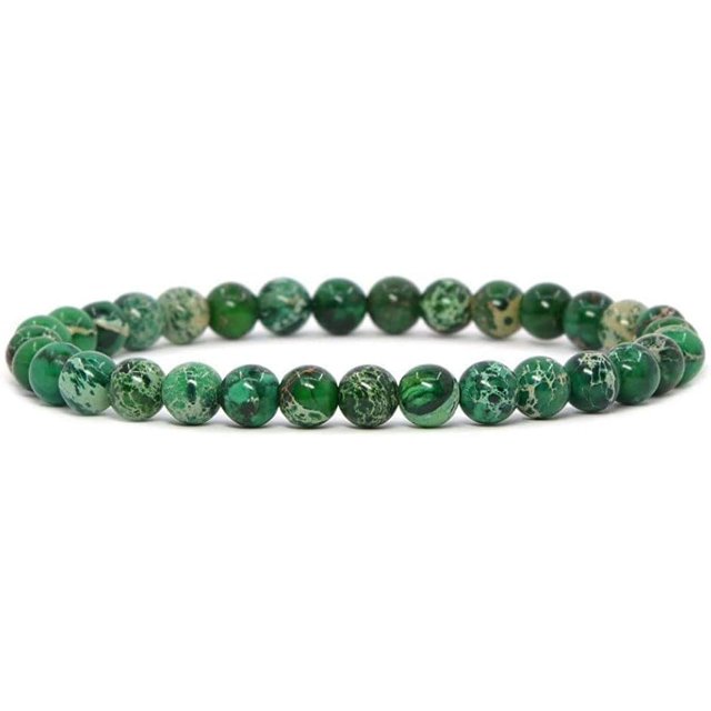 Bracelet Extensible Unisexe en Perles Rondes de 6 mm en Jaspe de Sédiment Marin Vert Teint