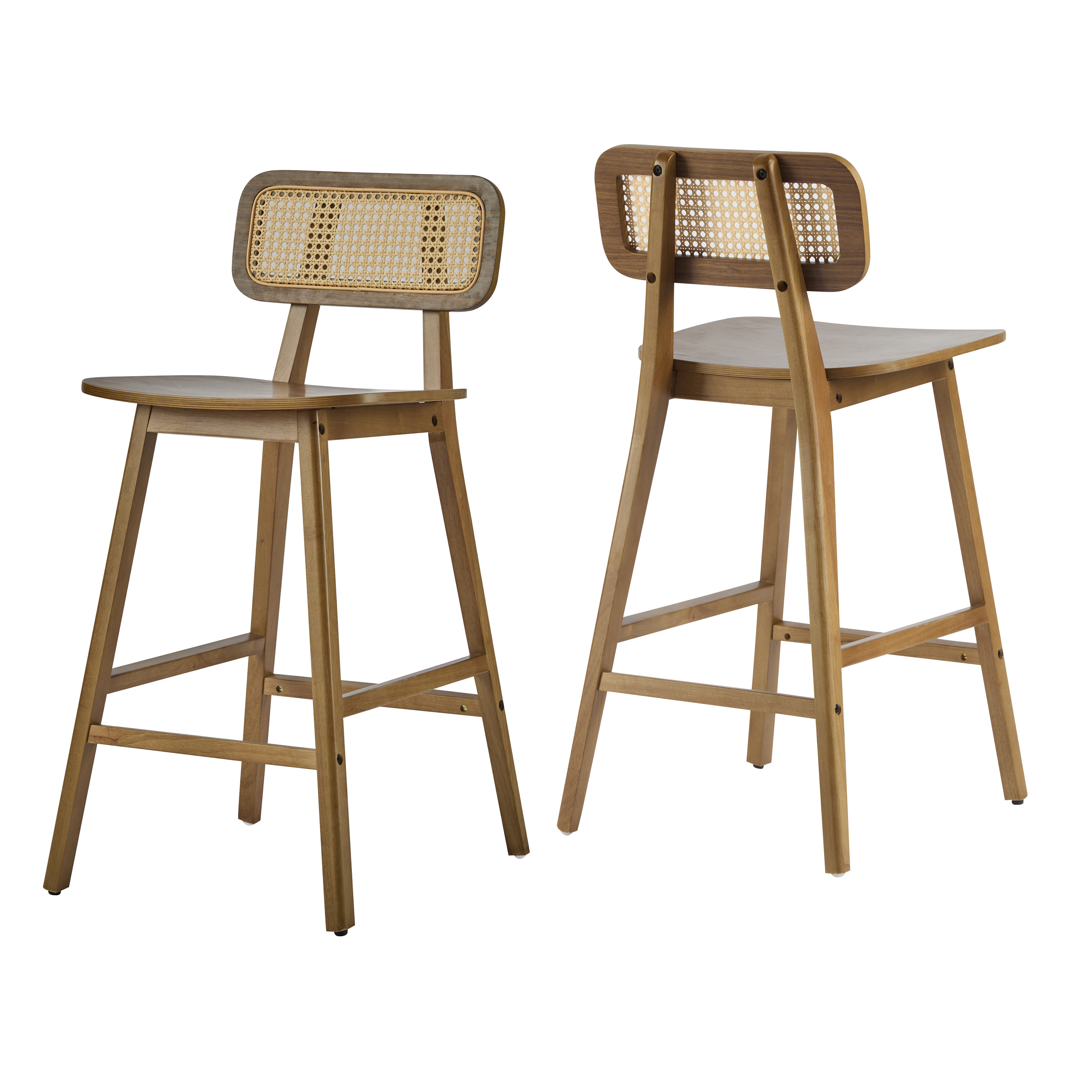 Ensemble de 2 tabourets de bar modernes Bari de Noble House, dossier en rotin, structure en bois, noyer