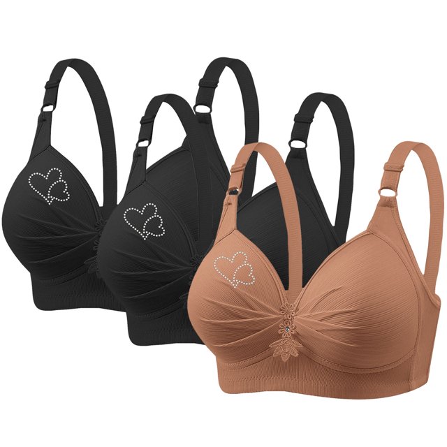 fheaev 3Pc Plus Size Bra for Women Wireless Bras No Underwire Printing Gathered Together Large Size Wirefree Adjustable Shoulder Strap Full Coverage Push Up Bras Everyday Bras Underwear