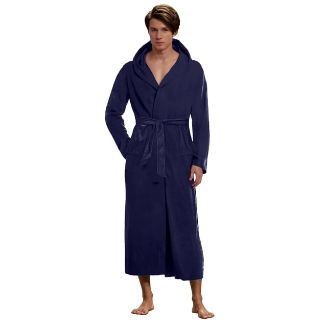 Ccpelsie Men's Robe Long Plush Soft Bathrobe Cozy Spring Fall Winter Warm Robes Shawl Collar Sleepwear with Pockets(A-Navy,M)