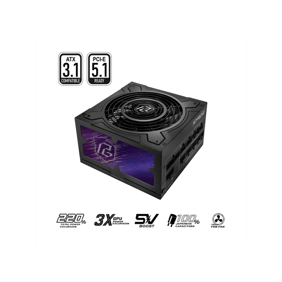 ASRock Phantom Gaming PG-850G 850W 80 PLUS GOLD & Cybenetics PLATINUM Full Modular Power Supply, ATX3.1 & PCIe5.1 Ready with Dual Color 12V-2x6 Cable, 10 Years Warranty