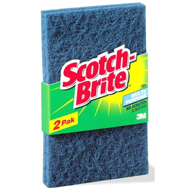 Scotch-Brite® Tampon à Récurer Anti-Rayures, Lot de 2, avec Tampons Texturés Bleu Foncé Enveloppés d'Une Étiquette Verte Mettant en Vedette le logo Scotch-Brite Rouge et Blanc, Conçu pour un Nettoyage Sûr et Efficace sur les surfaces Délicates, Y Compris les Batteries de Cuisine Antiadhésives et les Carreaux de Céramique.