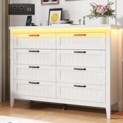 White Dresser for Bedroom, 8 Drawer Dresser with LED Lights and Power Outlet, Closet Dressers Chests of Drawers, Double Wooden Dressers for Nursery, Entryway, Hallway