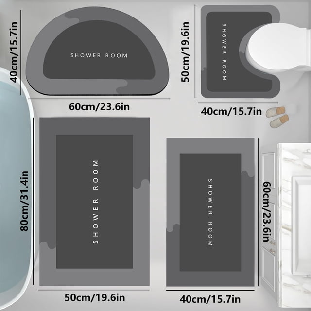 4-Piece Super Absorbent Microfiber Bath Mat Set with non-slip quick-dry bathroom rugs, ideal for stylish bathroom decor. Includes a contour rug, lid cover, toilet mat, and a large bath mat. Made of soft microfiber, these mats are machine washable and waterproof, suitable for home, hotel, or dorm use. Dimensions range from 15.7x19.7 inches to 19.6x31.4 inches.