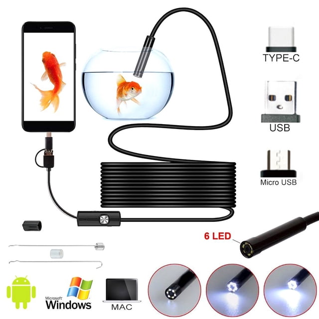 AMERTEER Caméra d'Inspection Étanche pour Endoscope 1-10M 7mm 6LED pour Téléphone Android